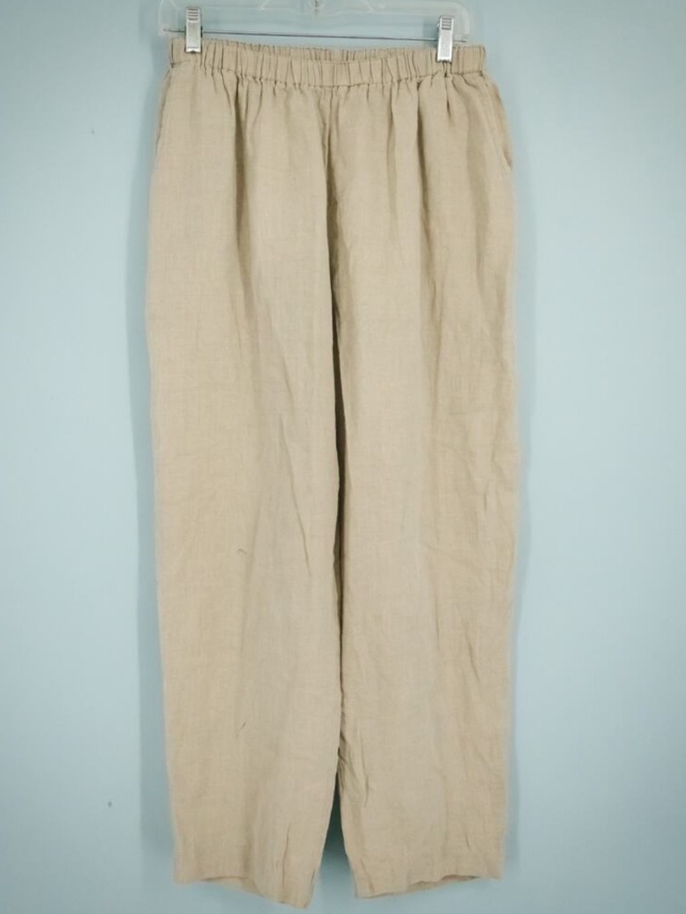 Flax Size Medium M Tan Beige Pull On Elastic Waist Straight Leg 100% Linen Pants